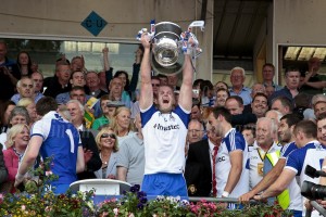 Dick Clerkin raises the Anglo Celt Cup high in Clones last Sunday