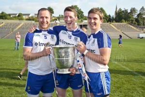 Vincent Corey, Conor McManus and Dessie Mone hold the Anglo Celt Cup after Monaghan's Senior Ulster Title win on Sunday last.