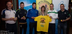 Malachy O'Rourke, Fintan Kelly and Darren Hughes help launch DiL 2015 Monaghan, along with Pieta House founder Joan Freeman, local athlete Conor Duffy and Jimmy Croarkin of the Monaghan Harps club 