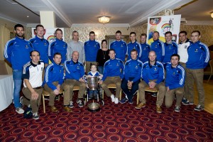 Daithi is pictured holding the Anglo Celt Cup with Monaghan Manager, Malachy O'Rourke, Captain, Conor McManus and other members of the 2015 Ulster Championship Winning panel.