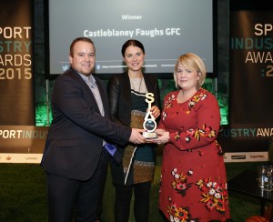 No Repro Fee. Paddy Conlon (left) and Melissa Conlon (right) both from Castleblayney Faughs GFC, pictured receiving the Best Sports Club Award from Grace O’Dwyer from SuperValu at the Sport Industry Awards 2015 held in the Smock Alley Theatre, Dublin. Pic. Conor McCabe